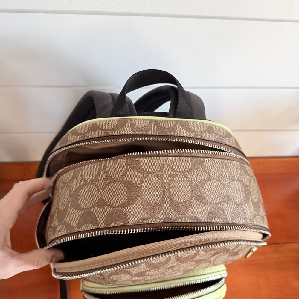 Coach Signature Brown and Pale Lime Green Backpack - Picture 12 of 15